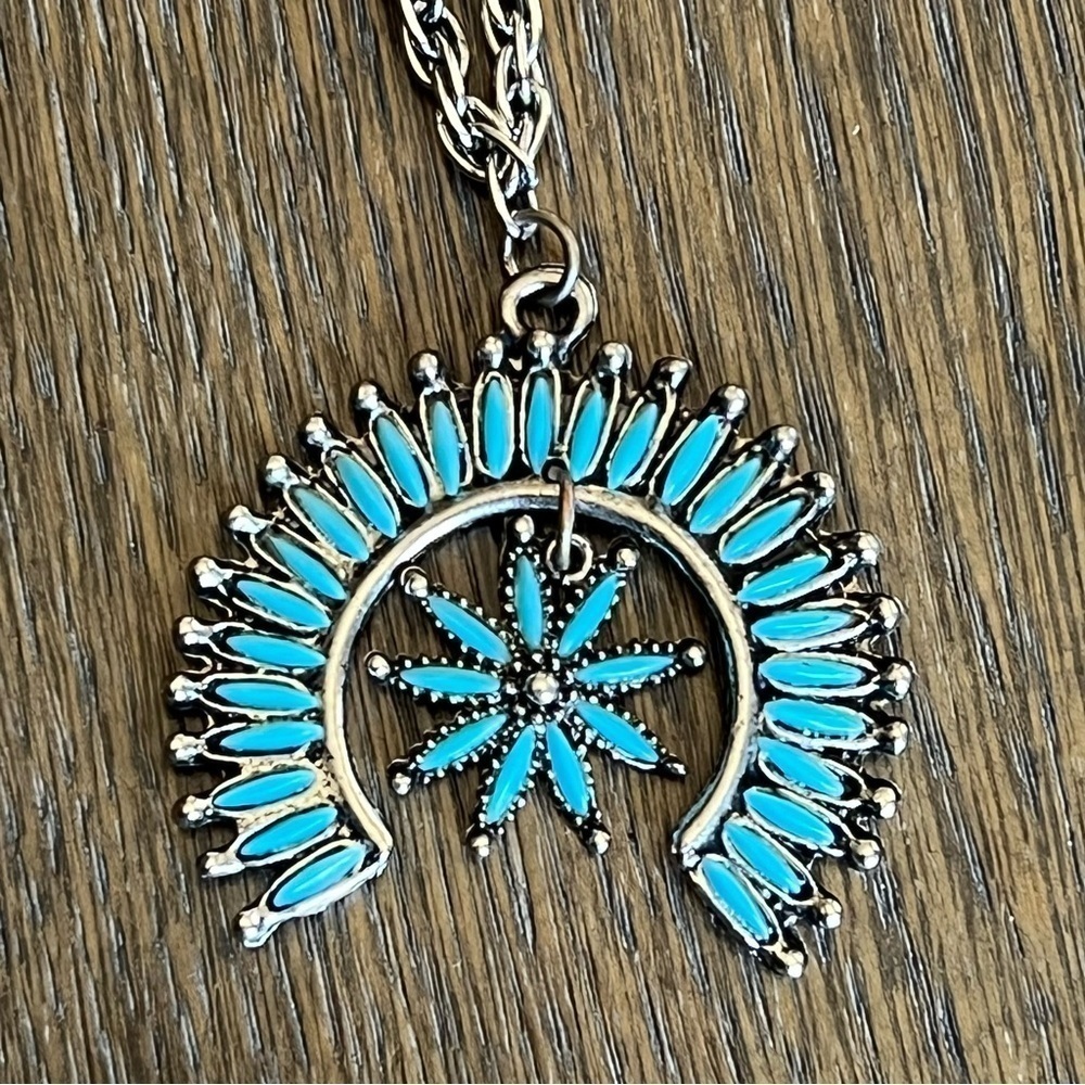Squash blossom fashion necklace, silver tone and faux turquoise, unmarked